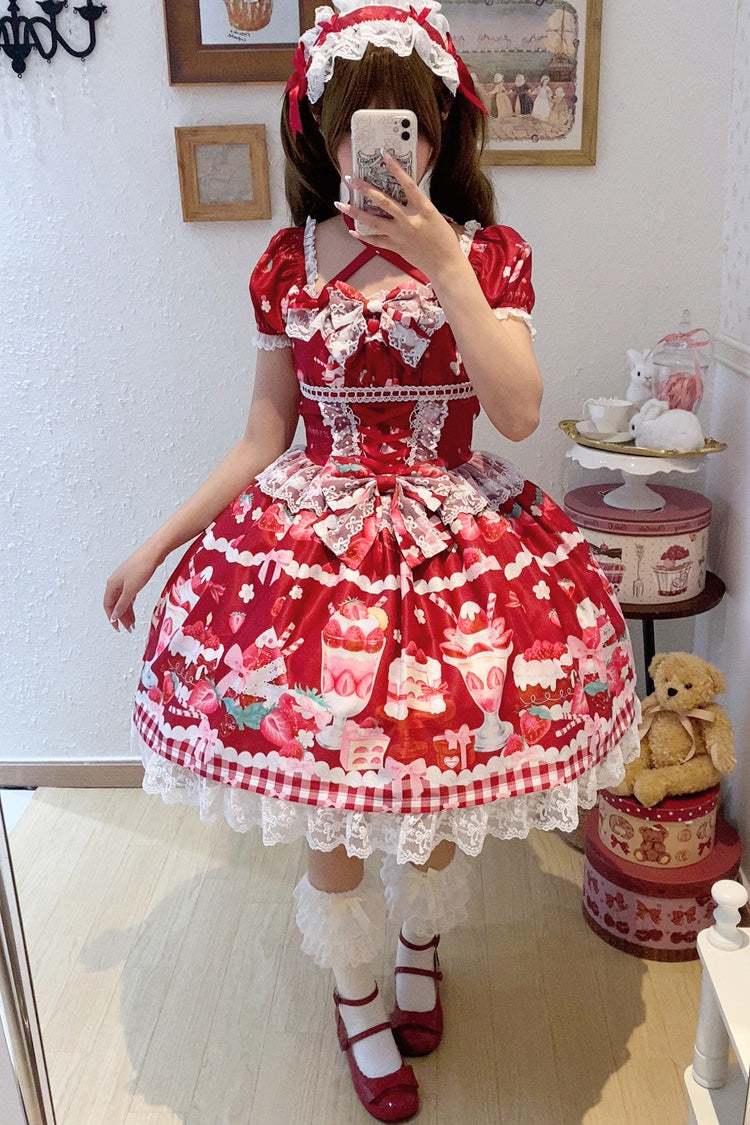 Red Strawberry Parfait Print Short Sleeves Ruffle Bowknot Lace Lace-Up Sweet Lolita Dress