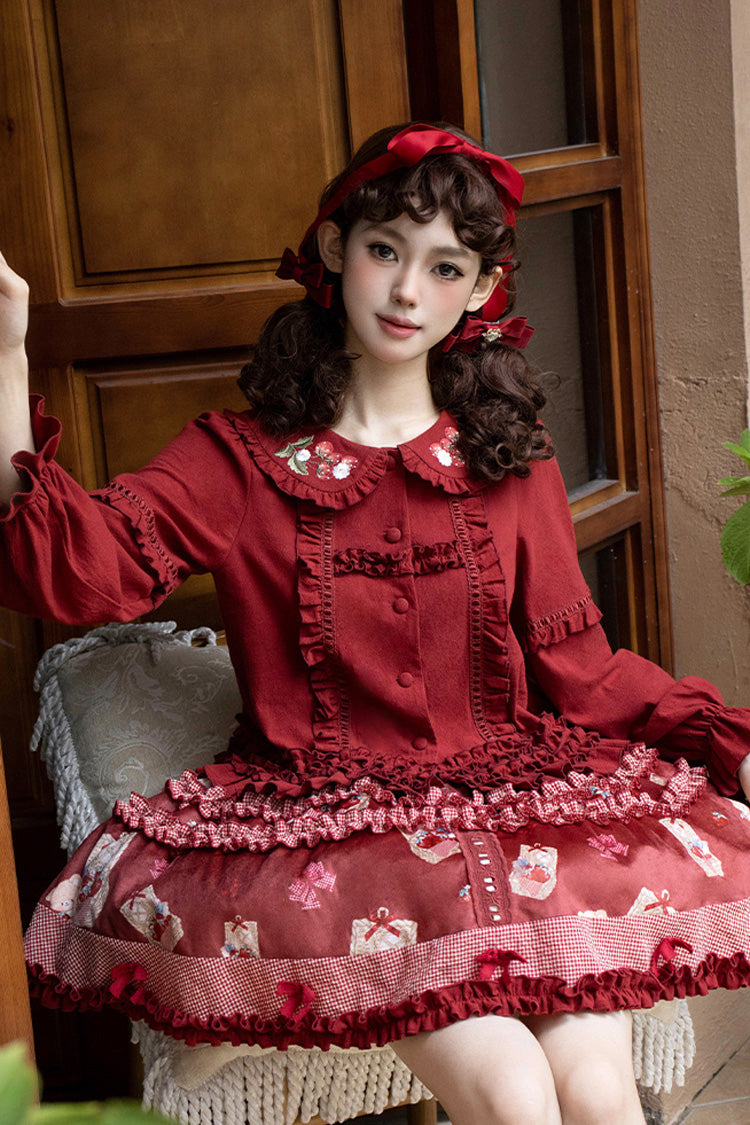 Red Bell Strawberry Farm Print Ruffle Embroidery Sweet Lolita Skirt