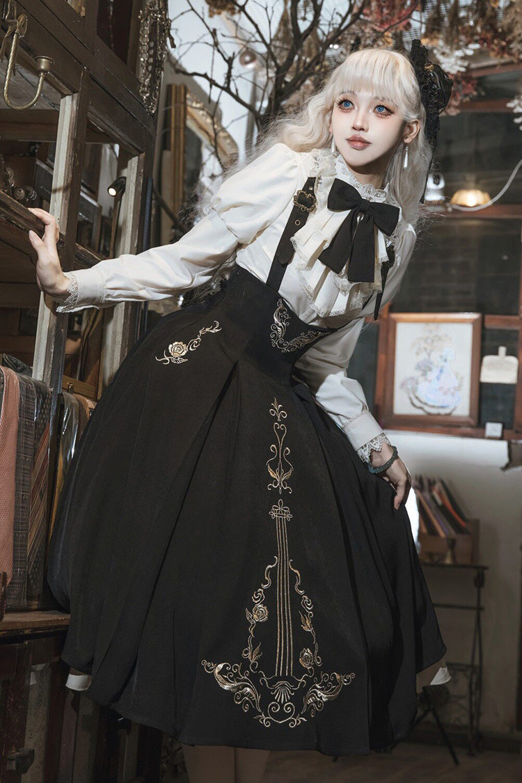 Black/White Violin Variations Ruffled Embroidered Gothic Lolita Jumper Dress Set