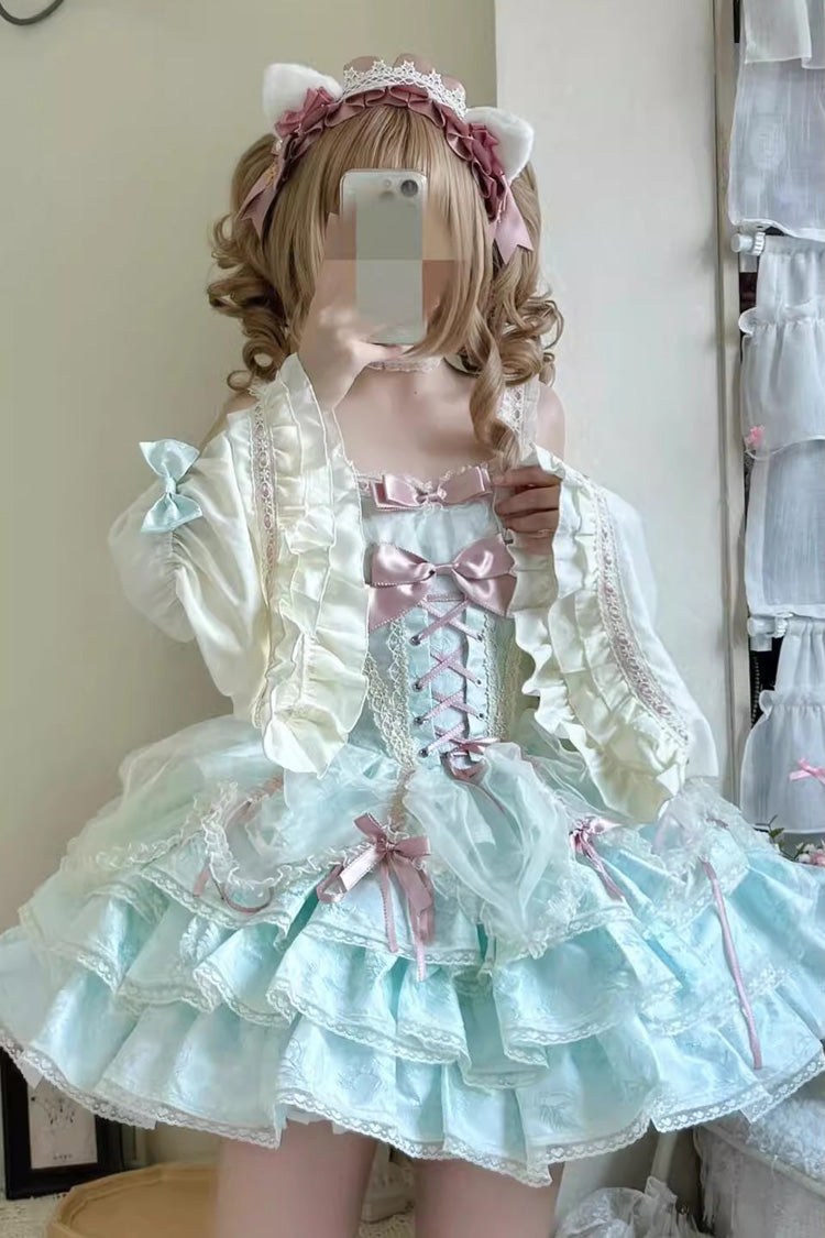 Green Sleeveless Multi-layer Ruffle Bowknot Lace-Up Sweet Princess Lolita Jsk Dress