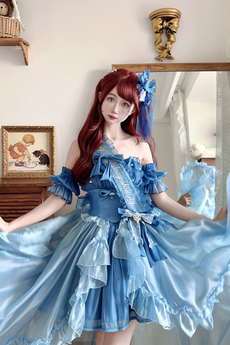 Blue Mermaid Princess Ruffle Hanayome Bowknot Sweet Elegant Lolita Jsk Dress Set