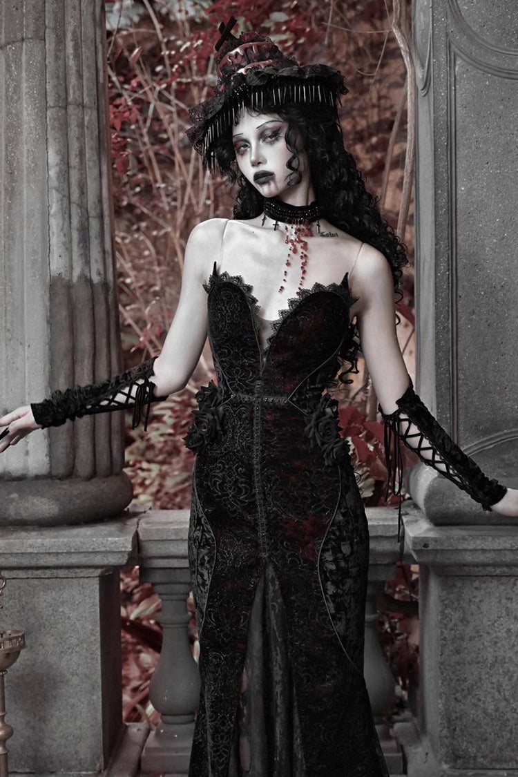 Black/Red Scarlet Blood Peak Sleeveless High Waisted Ruffle Embroidery Lace Gothic Lolita Fishtail Dress