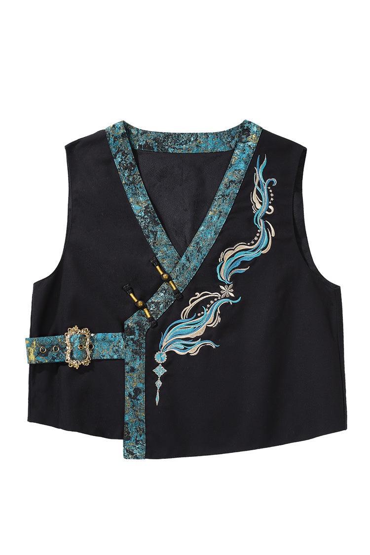 Black/Green Round Collar Long Sleeves Ruffle Embroidery Chinese Style Vintage Handsome Ouji Lolita Set