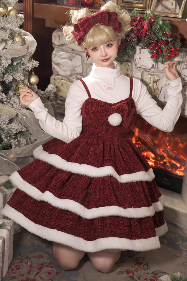 Red Christmas Carol Triple-Layered Bowknot Sweet Lolita Jsk Dress