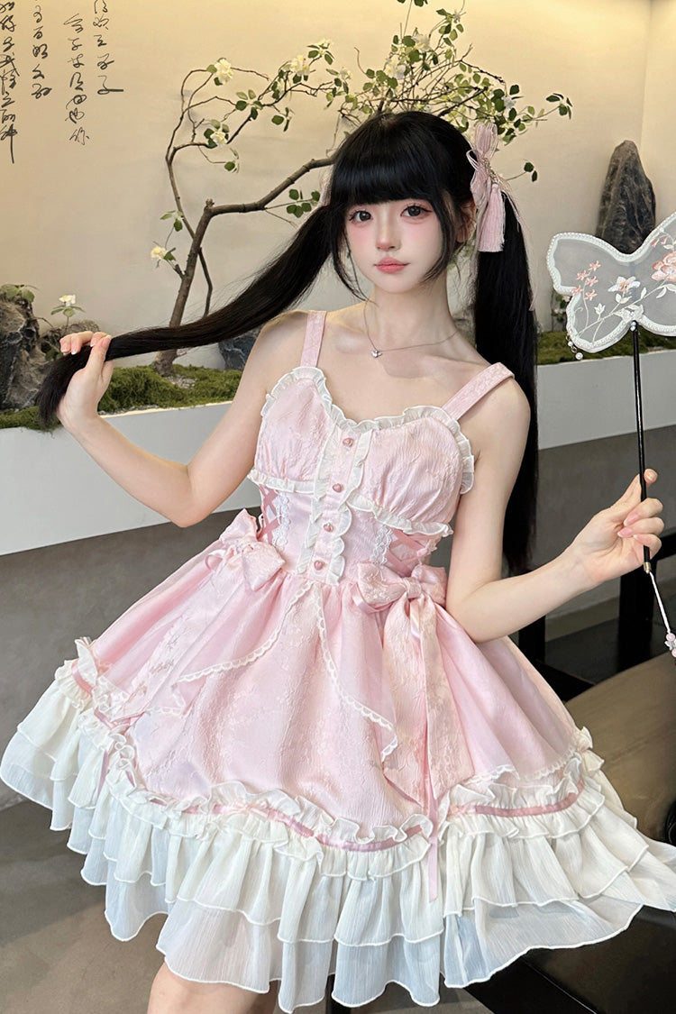 Pink Spring Flower Notes Ruffle Bowknot Lace Sweet Princess Lolita Jsk Dress