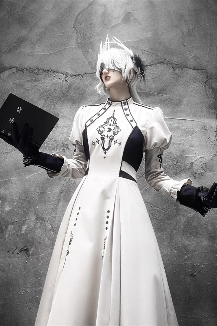 White Long Sleeves Moon Talisman Print Gothic Lolita Long Dress