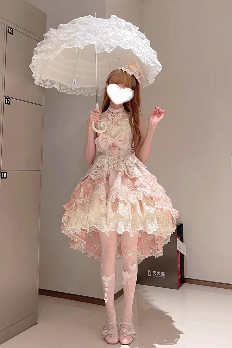 Pink Peacock Feather Multi-Layered Ruffle Hanayome Cardigan Bowknot Lace Sweet Lolita Jsk Dress Set