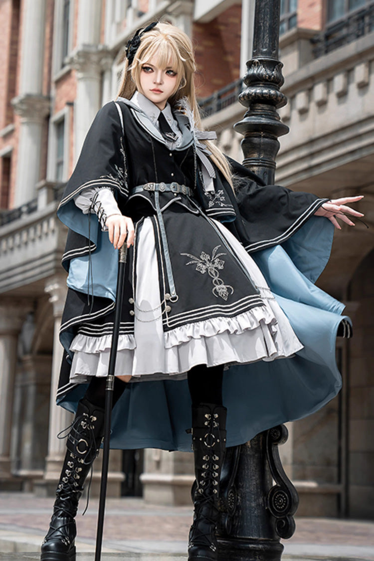 Black/Blue Dark Knight Contract Print Ruffle Gothic Military Elegant Lolita Skirt