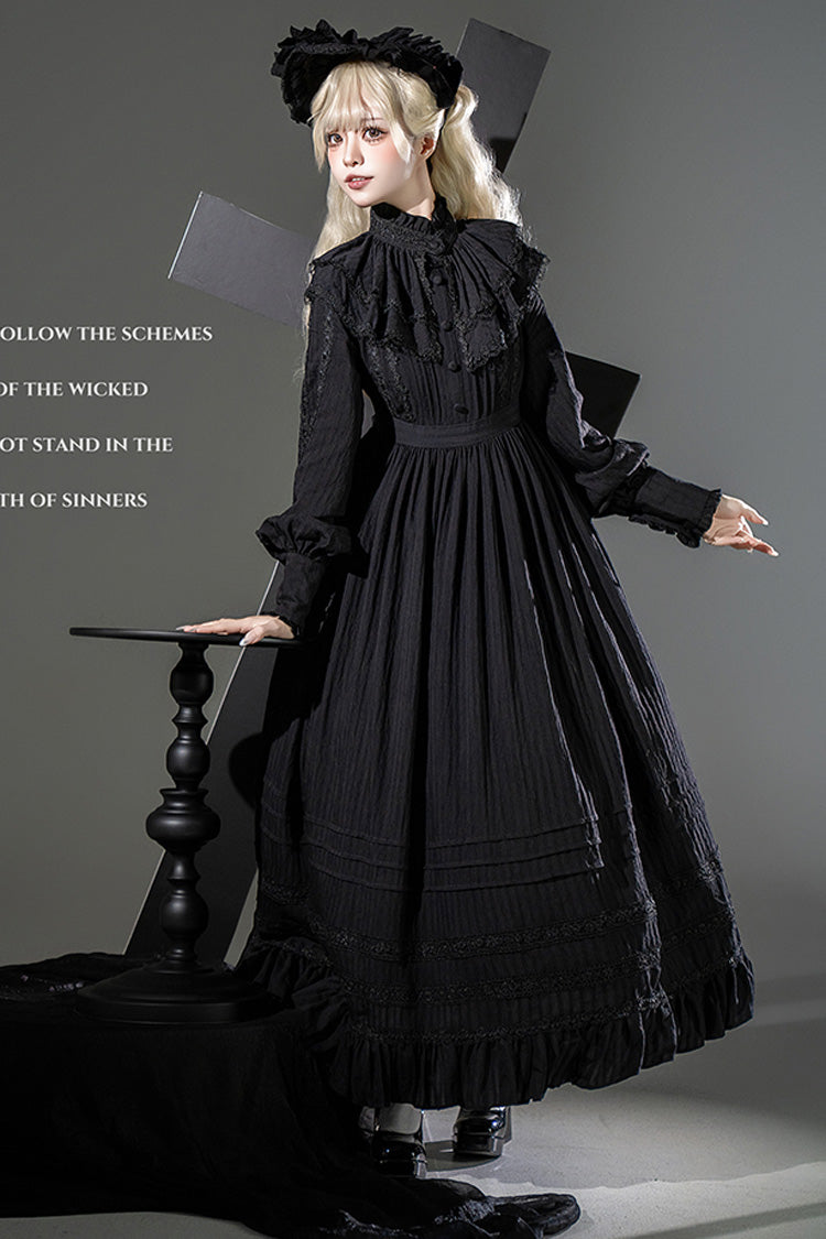 Black Quiet Place Long Sleeves Jacquard Ruffle Embroidery Bowknot Gothic Lolita Dress