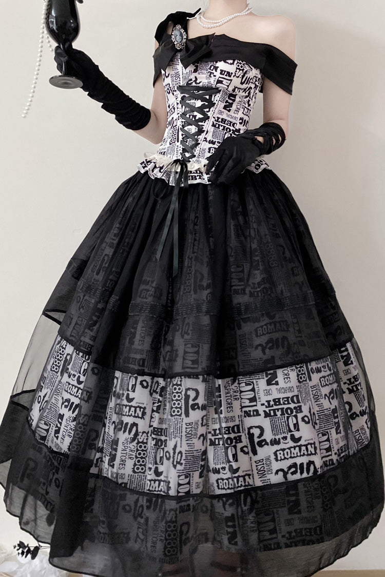 Black Pin-Up Girl Boat Neck Printed Ruffled Bow Lace-Up Asymmetric Gothic Elegant Lolita Skirt Set