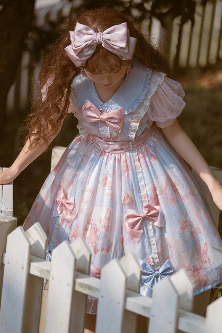 Pink/Blue Doll Collar Short Sleeves Rabbit Candy Paper Print High Waisted Sweet Lolita OP Dress
