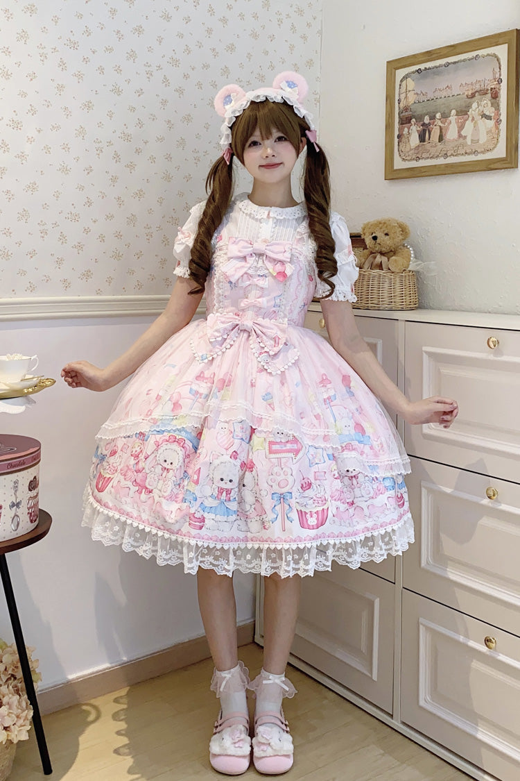 Pink Cute Rabbit Sweet Cake Print Ruffle Bowknot Lace Sweet Lolita Jsk Dress