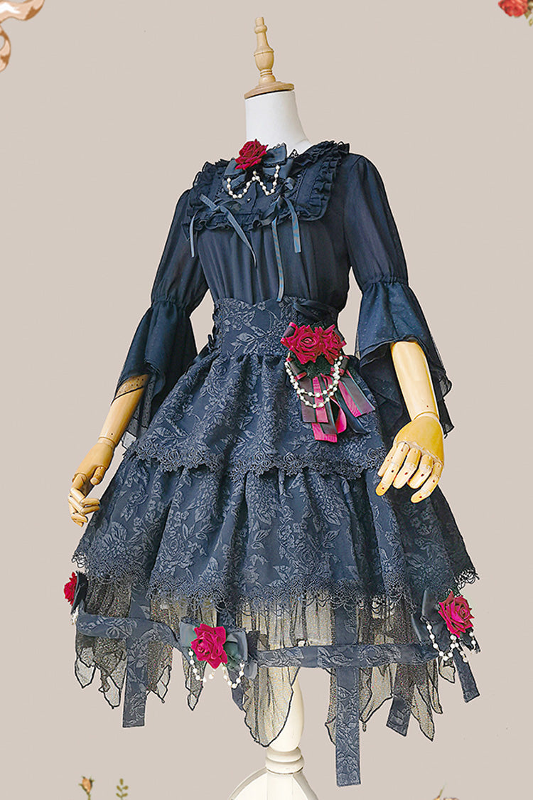 Black Apprentice Witch Double-Layered Ruffle Lace Gothic Lolita Skirt