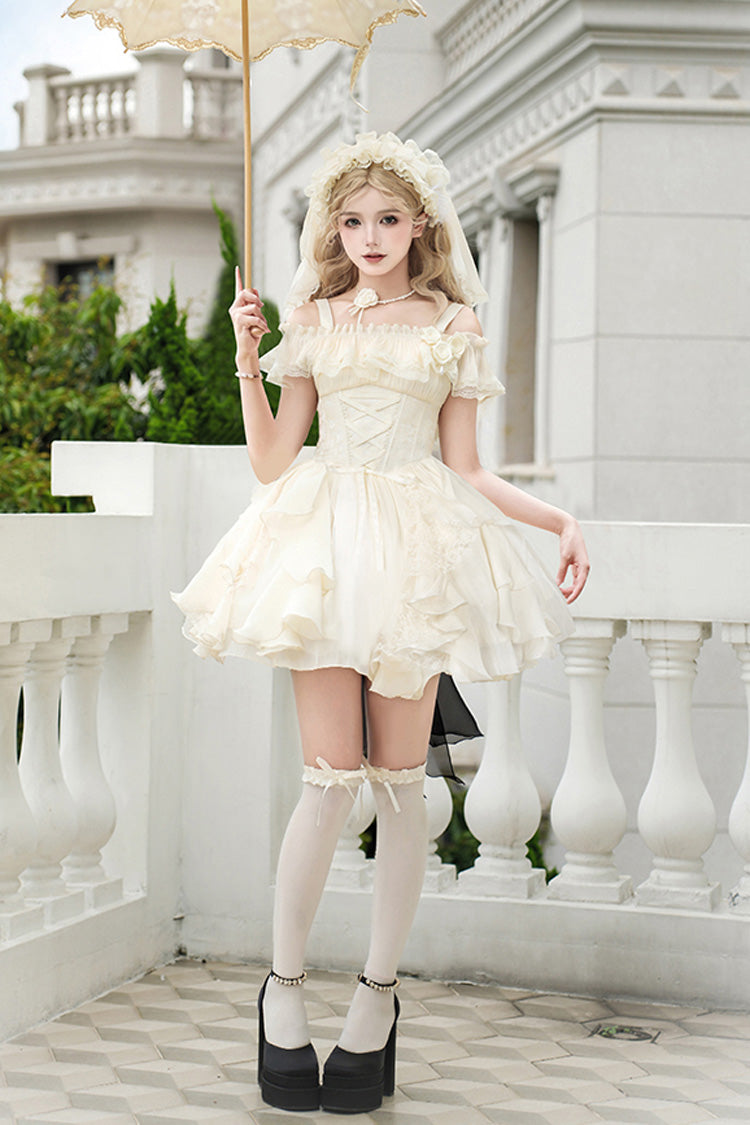 Ivory Moonlight Variations Sleeveless Ruffle Lace-Up Sweet Lolita Jsk Short Dress