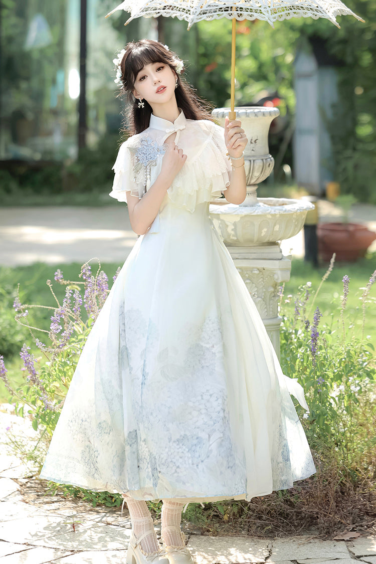 White Hydrangea Message Short Sleeves Print Ruffle Lace Sweet Chinese Style Elegant Lolita Dress