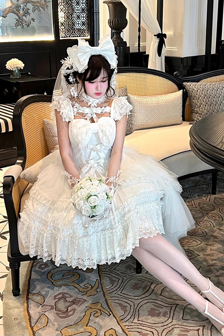 White Jewelry Love Story Halterneck Ruffle Hanayome Bowknot Lace Gothic Lolita Dress