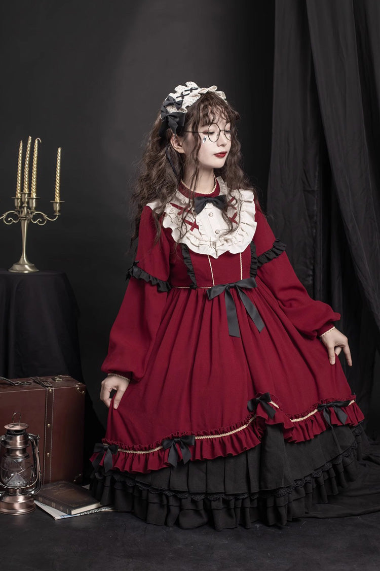 Red Long Sleeves Ruffle Bowknot Daily Sweet Princess Lolita Dress