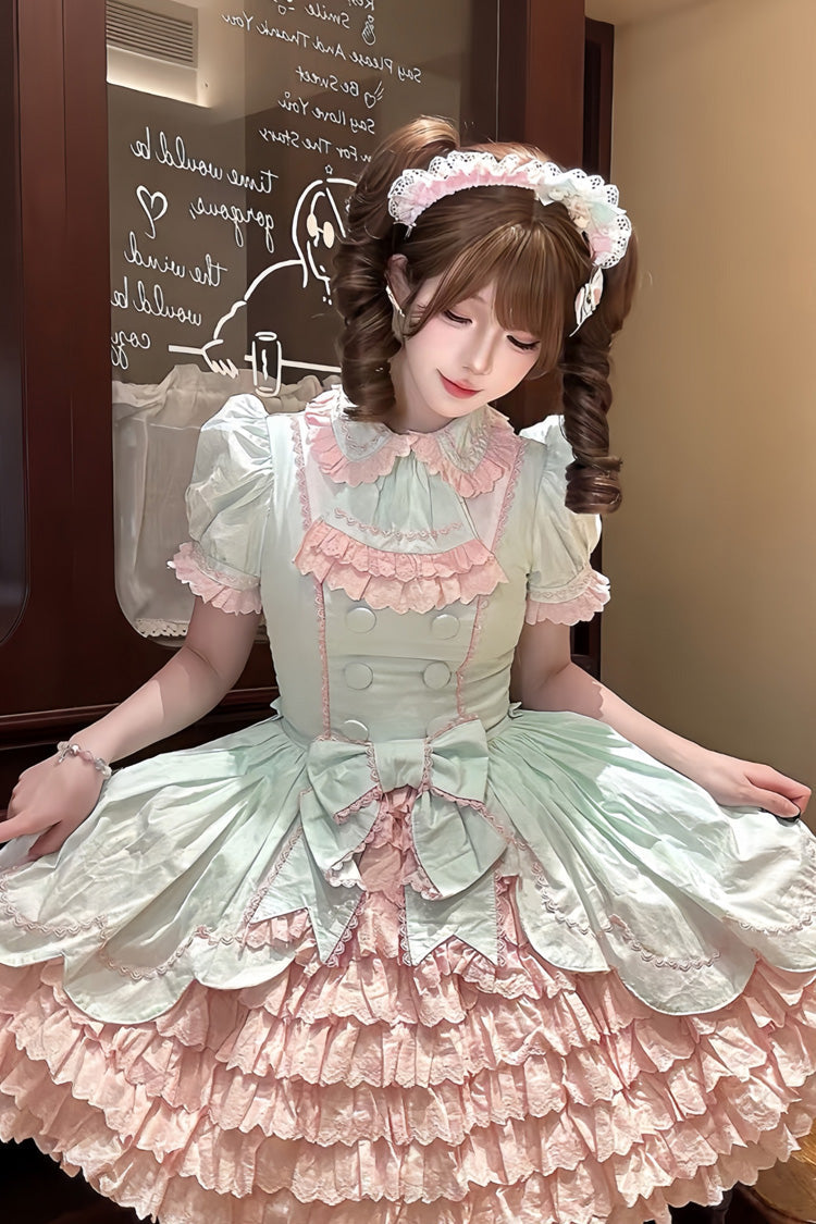 Pink/Green Honeydew Melon Parfait Short Sleeves Multi-Layered Ruffle Bowknot Sweet Lolita Dress