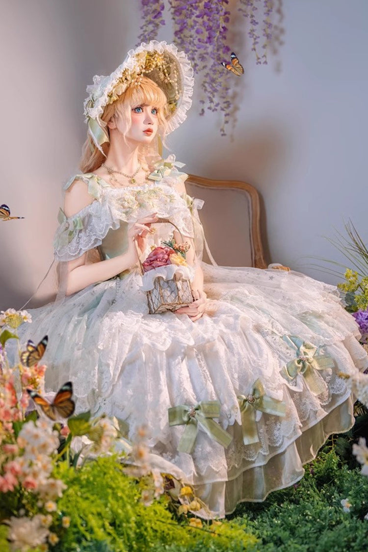 Green Glazed Phantom Off Shoulder Ruffle Hanayome Bowknot Lace Sweet Elegant Lolita Dress