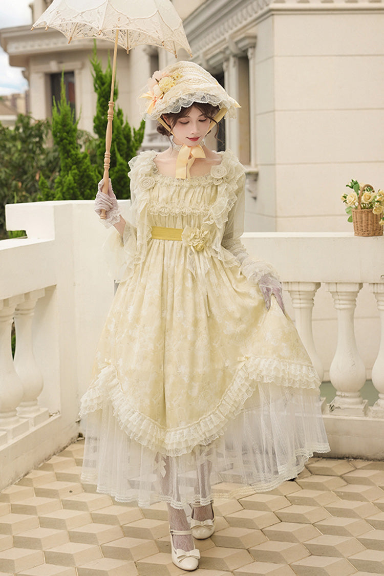 Yellow Falling Flowers as a Message Square Collar Short Sleeves Print Ruffle Lace Sweet Elegant Lolita Long Dress