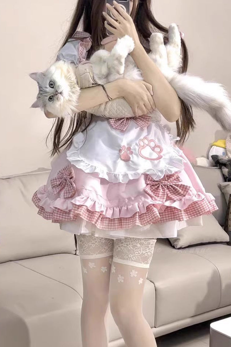 Pink/White Plus Size Short Sleeves Cat Paw Print Sweet Lolita Maid Dress