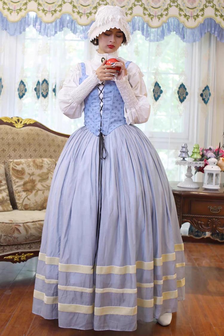 Light Blue Bashu Girl Long Puff Sleeves Print Lace-Up Fishbone Corset Sweet Lolita Skirt Dress Three-Piece Set