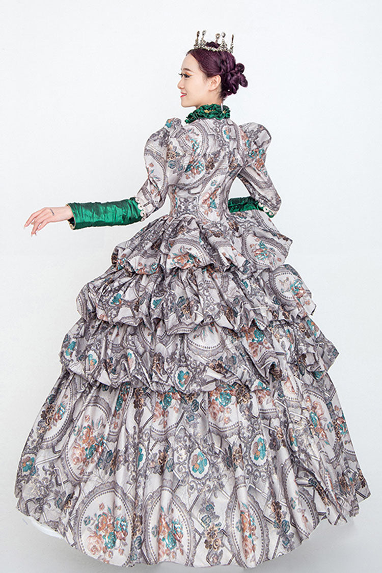 Gray Long Sleeves High Collar Embroidery Floral Print Wave Fold Victorian Lolita Prom Dress