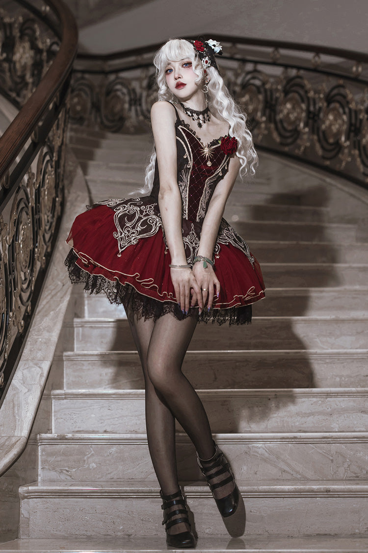 Black/Red Blood Clan Feast Ruffle Embroidery Lace Gothic Lolita Jsk Dress Set