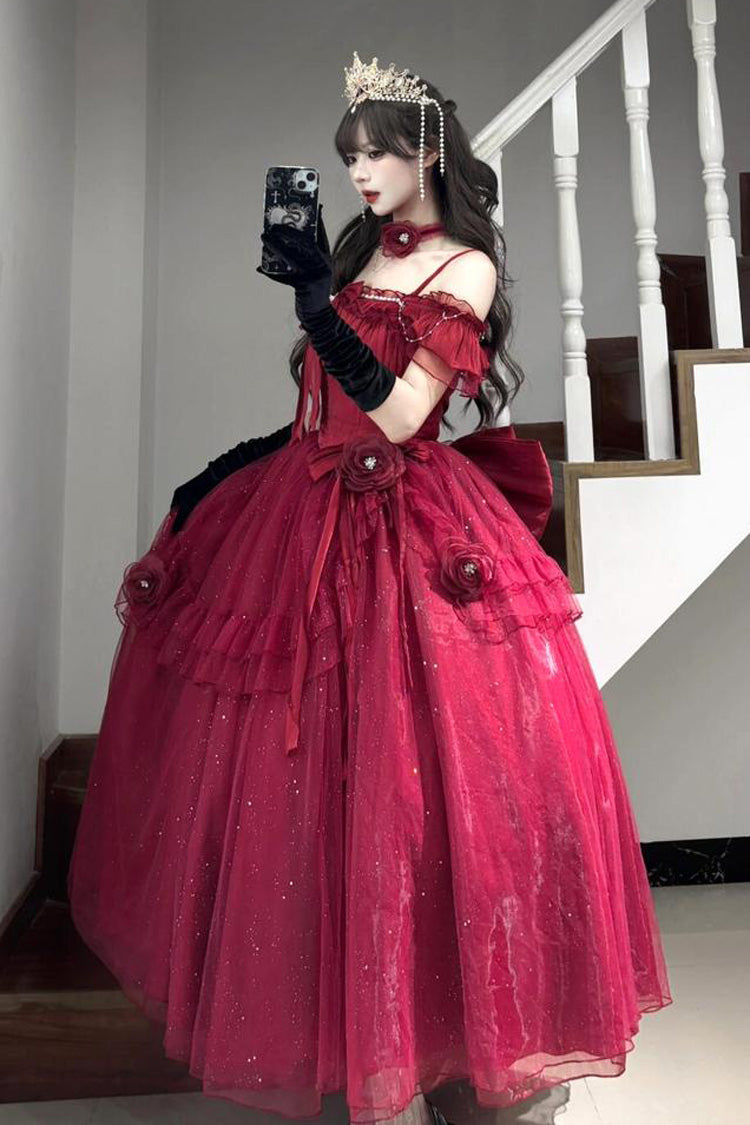 Red Bright Stars Off Shoulder Ruffle Bowknot Asymmetric Sweet Elegant Princess Lolita Dress
