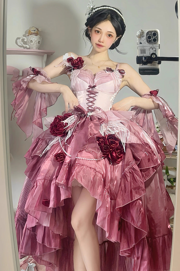 Plum Red Swan Wonderland Embroidery Bowknot Lace-Up Short Front Long Back Irregular Sweet Ballet Lolita Jsk Dress