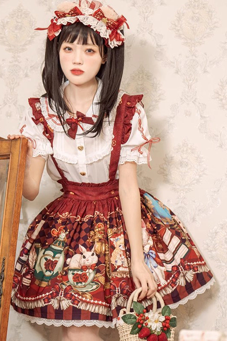 Red Rabbit and Bear Feast Print Ruffle Bowknot Sweet Lolita Skirt