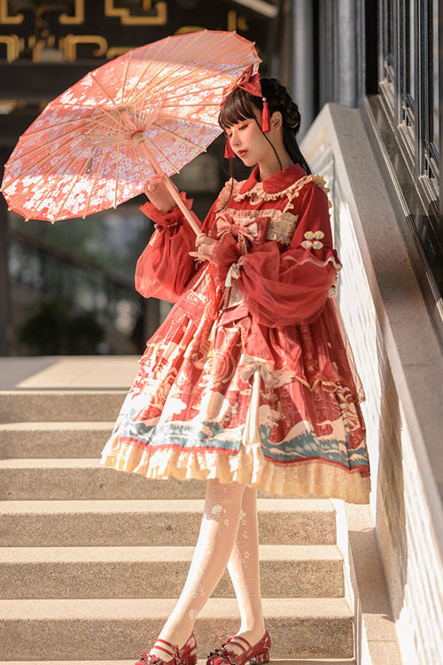 Wine Lapel Collar Wave Print Bowknot Lace Long Sleeves Multi-Layer Ruffled Sweet Lolita OP Dress