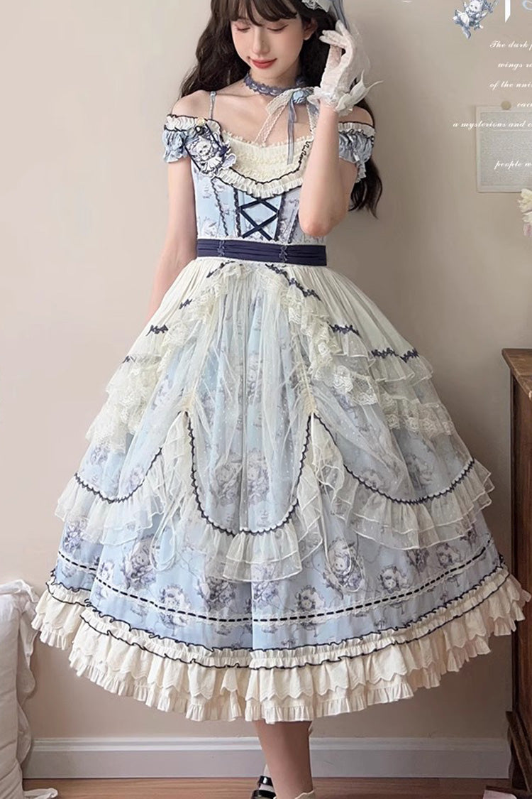 Blue Swing Cat Print Ruffle Bowknot Lace Sweet Elegant Lolita Jsk Dress