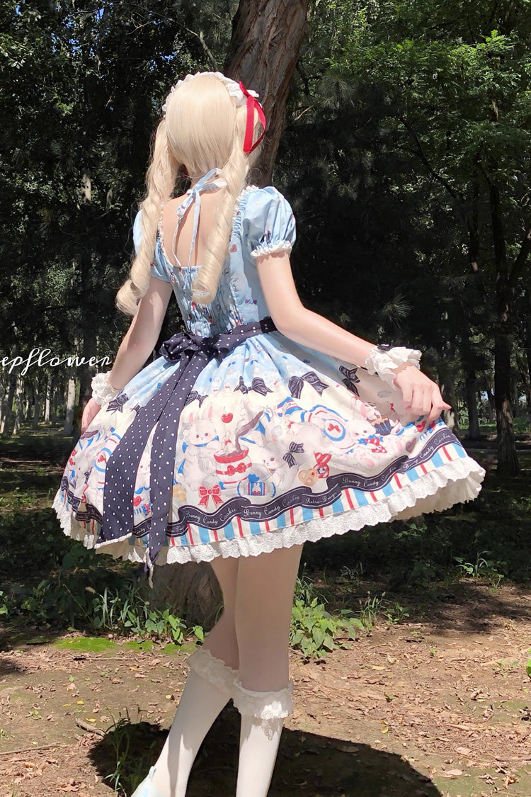 Blue Mystery Rabbit Tea Party Square Collar Short Sleeves Print Ruffle Bowknot Lace Sweet Lolita Dress