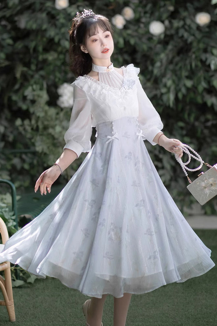White/Blue Lace V Collar Half Sleeves High Waisted Sweet Lolita OP Dress