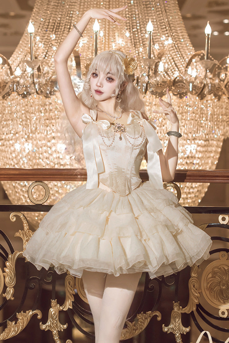 Champagne Cream Polka Dots Sleeveless Jacquard Bowknot Slim Sweet Ballet Lolita Skirt Dress