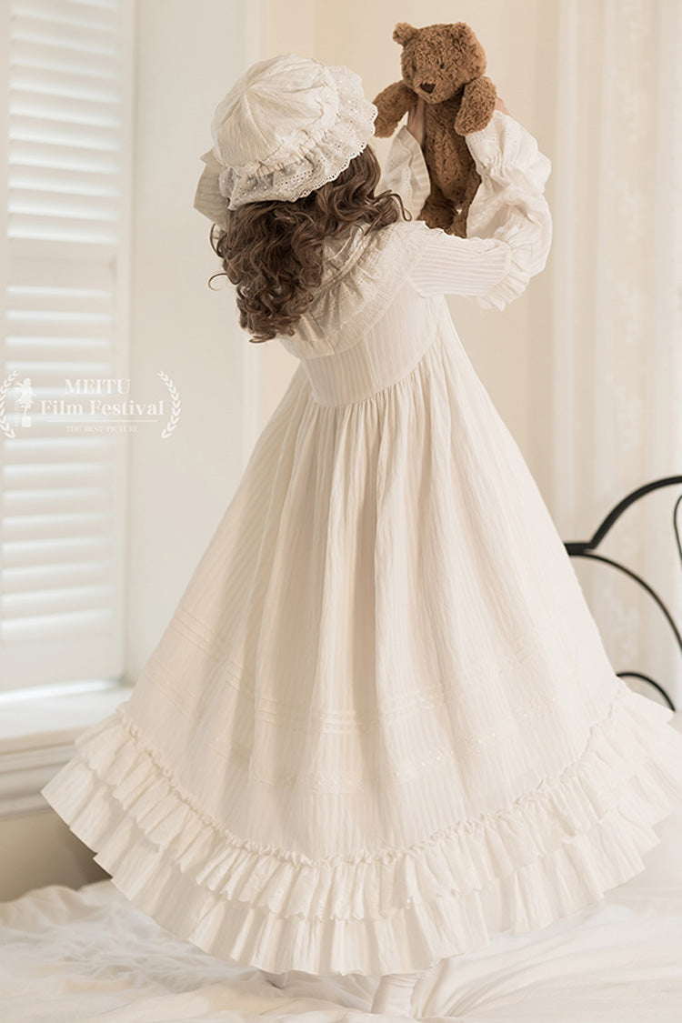 White Good Night Long Sleeves Double-Layered Ruffle Bowknot Lace-Up Holy Sweet Lolita Dress