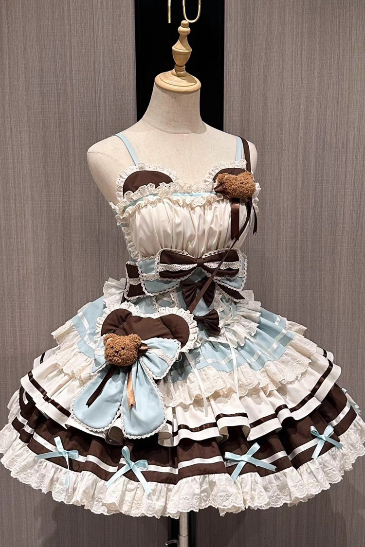 Green/Chocolate First Love Bear Multi-Layered Ruffle Bowknot Lace Sweet Lolita Jsk Dress