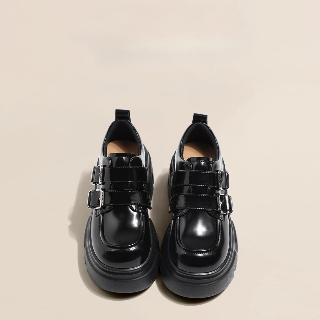 Lolita Shoes Black Chunky Platform Loafers 7cm Height Increase British Style Leather for Women