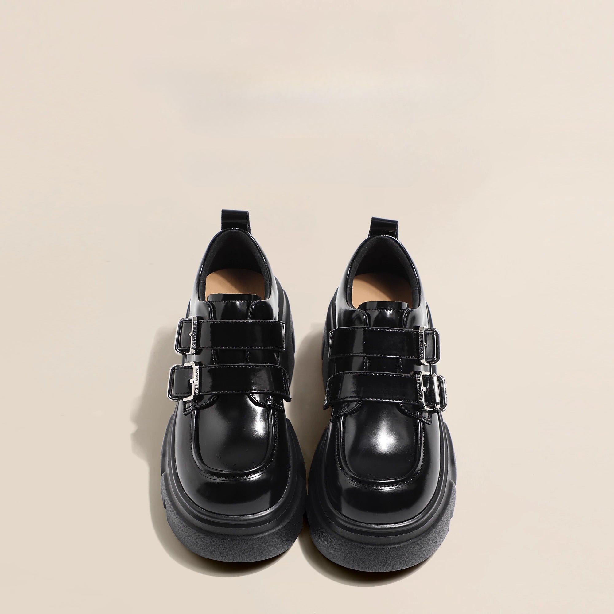 Lolita Shoes Black Chunky Platform Loafers 7cm Height Increase British Style Leather for Women