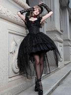 Gothic Lolita Black Lace Jacquard Rose Girdling Ribbon Bow Romance Ball Gown