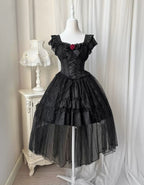 Gothic Lolita Black Lace Jacquard Rose Girdling Ribbon Bow Romance Ball Gown
