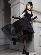Gothic Lolita Black Lace Jacquard Rose Girdling Ribbon Bow Romance Ball Gown