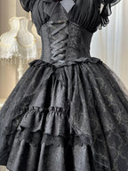 Gothic Lolita Black Lace Jacquard Rose Girdling Ribbon Bow Romance Ball Gown