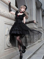 Gothic Lolita Black Lace Jacquard Rose Girdling Ribbon Bow Romance Ball Gown