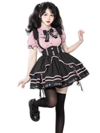 Jirai Kei Fashion Kawaii Black-pink with Bow Short Cake Dress Sakura Multi-layer Lace-Up