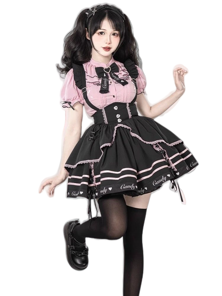Jirai Kei Fashion Kawaii Black-pink with Bow Short Cake Dress Sakura Multi-layer Lace-Up