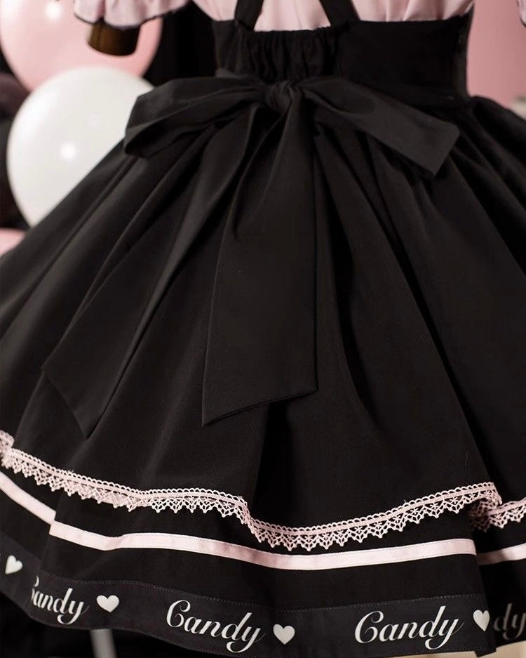 Jirai Kei Fashion Kawaii Black-pink with Bow Short Cake Dress Sakura Multi-layer Lace-Up