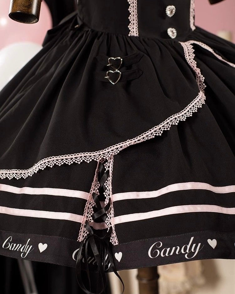 Jirai Kei Fashion Kawaii Black-pink with Bow Short Cake Dress Sakura Multi-layer Lace-Up