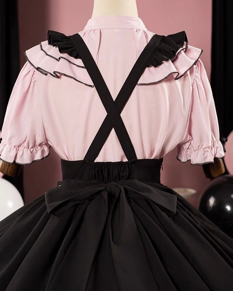 Jirai Kei Fashion Kawaii Black-pink with Bow Short Cake Dress Sakura Multi-layer Lace-Up